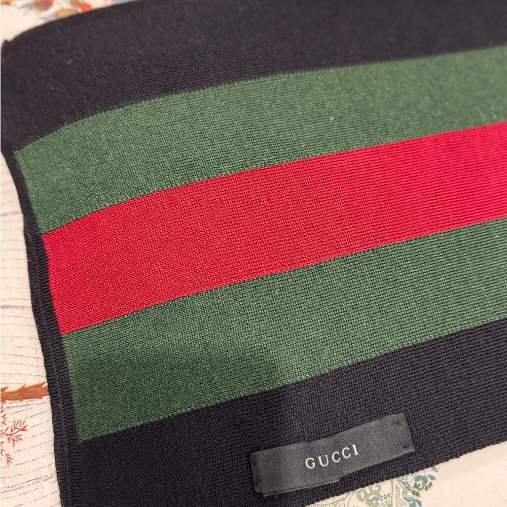 Gucci Black/Green/Red Web Wool & Silk Knit Scarf